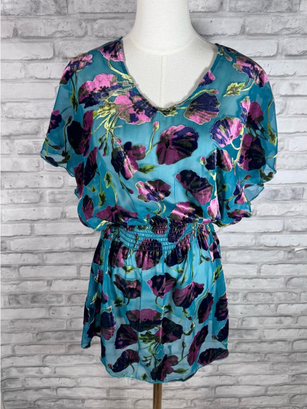Betsey Johnson Vintage Y2K Teal Velvet Floral Sheer Slip Dress Tunic